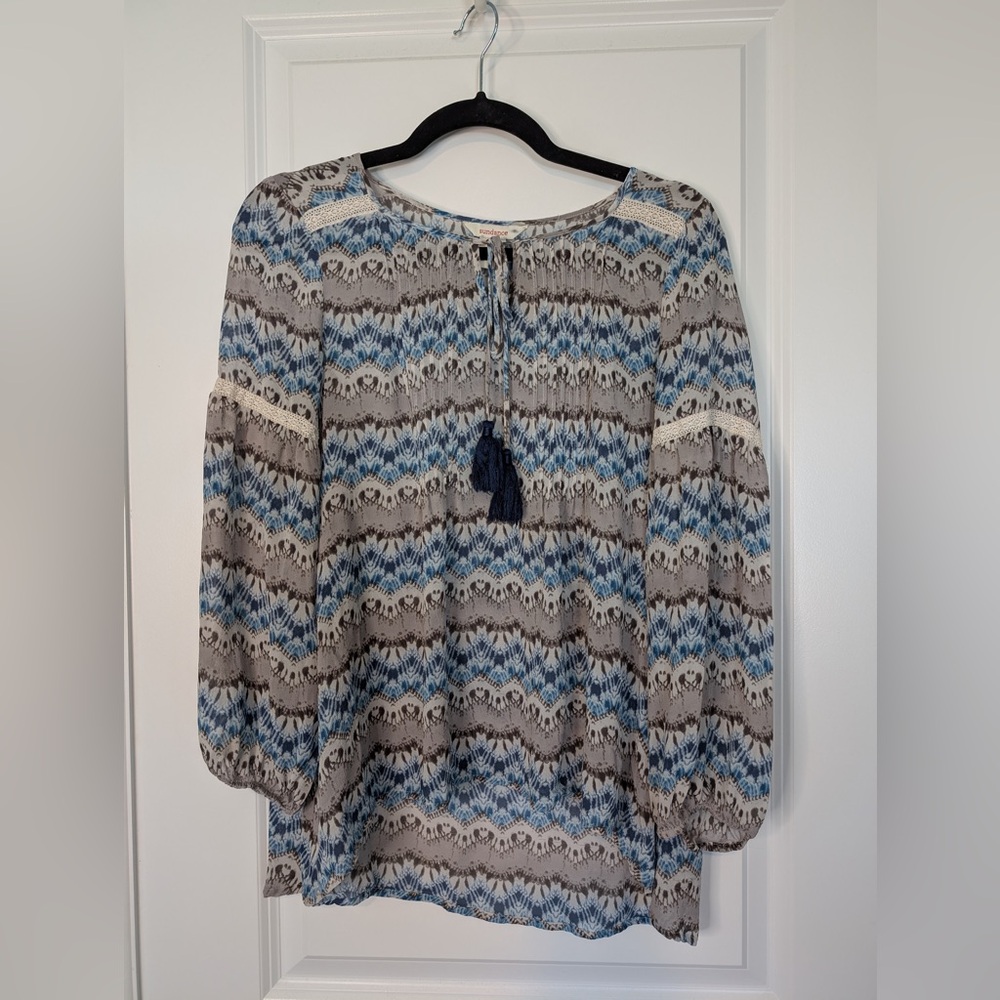 Sundance Earth to Sky Silk Boho Blouse Tassel Long Sleeve Geo Multi Size Small